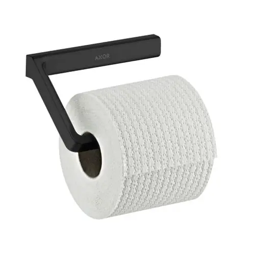 Toilettenpapierhalter in mattschwarz von AXOR, montiert an der Wand, mit einer Rolle Toilettenpapier auf der Halterung.